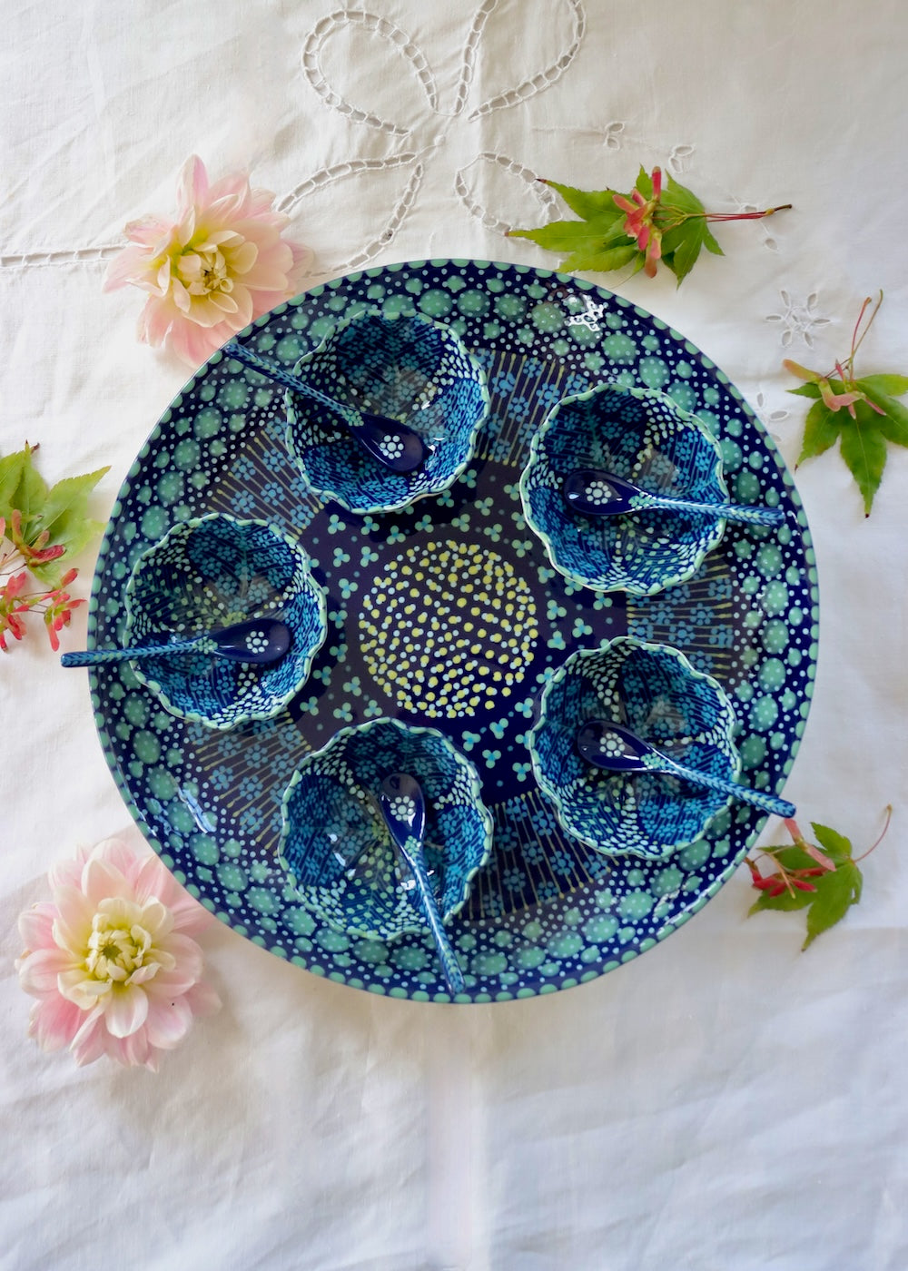 Round Serving Platter, Ramekin & Spoon Set: Navy Blue