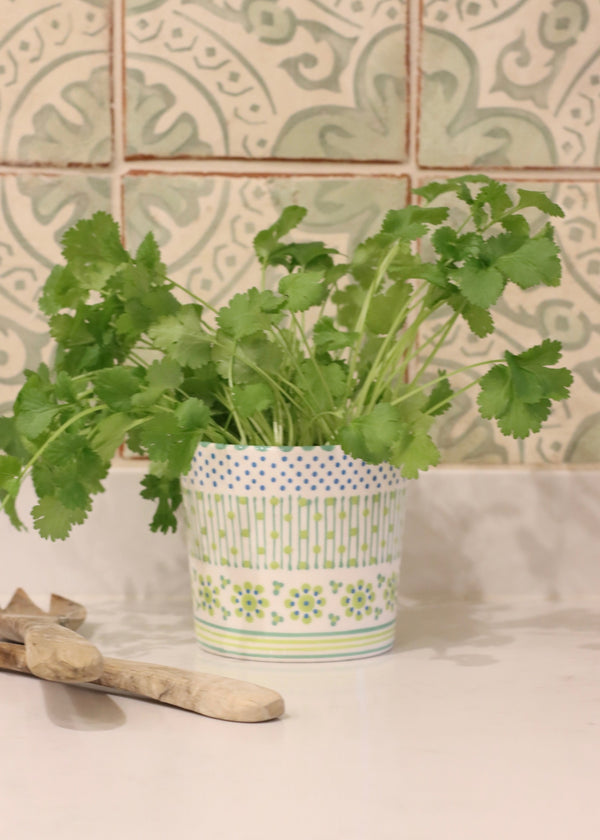 Herb Pot - White with Green Flowers