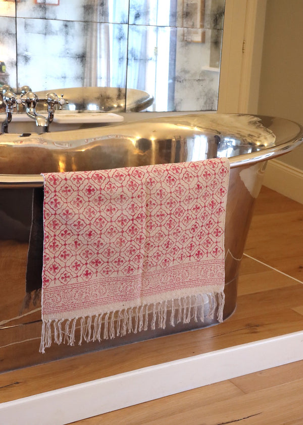 Hand Block Printed Rug/ Bath Mat - Pink & Blue Reverse