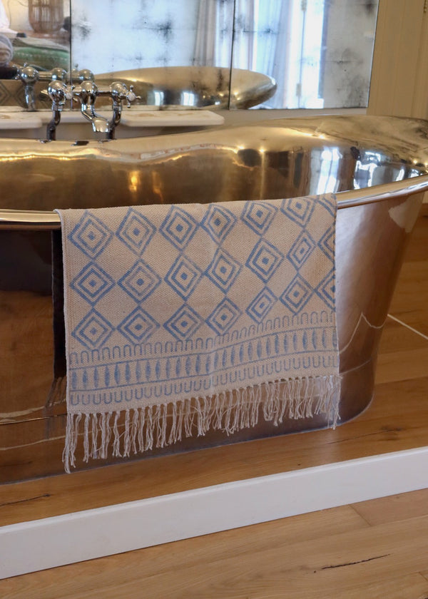 Hand Block Printed Rug/ Bath Mat - Blue Diamond
