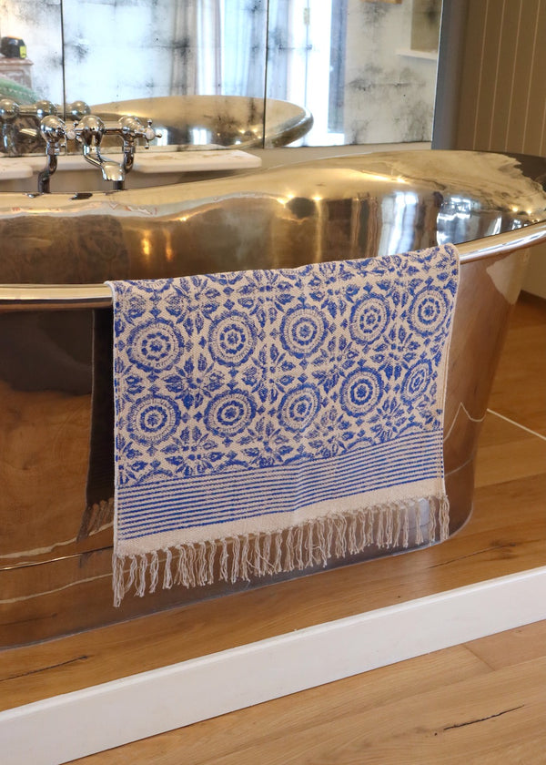 Hand Block Printed Rug/ Bath Mat - Royal Blue & Pale Blue