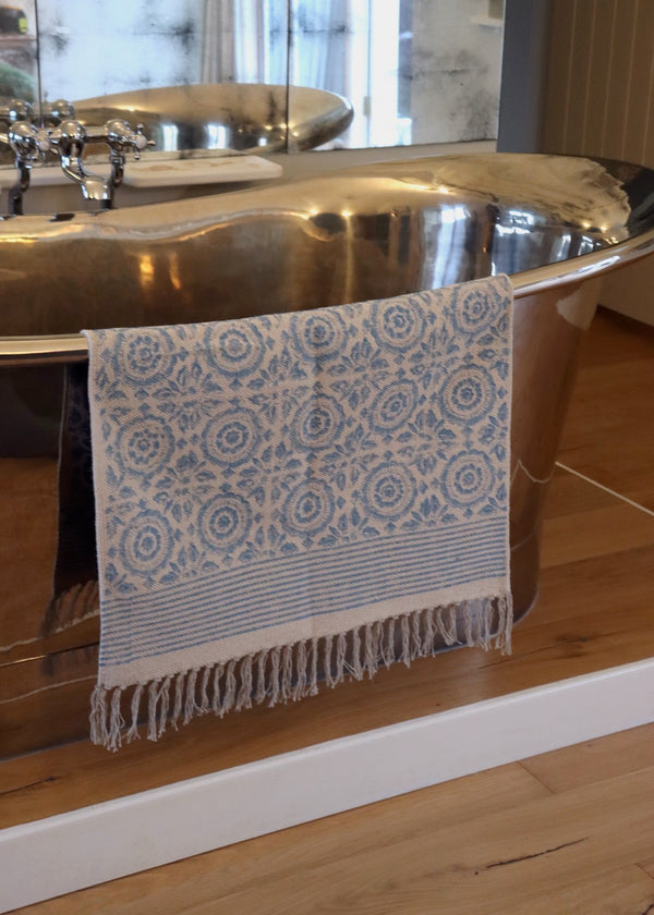 Hand Block Printed Rug/ Bath Mat - Royal Blue & Pale Blue