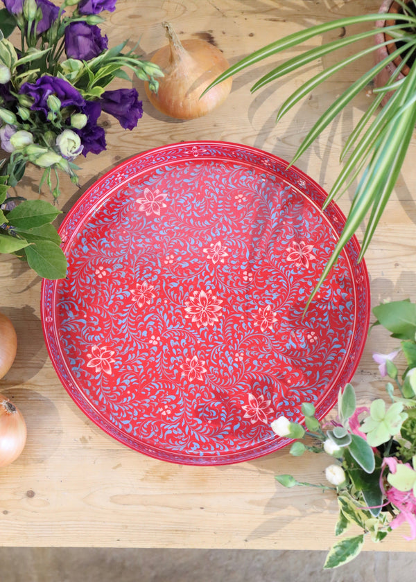 Hand Painted Round Thali Tray: Red