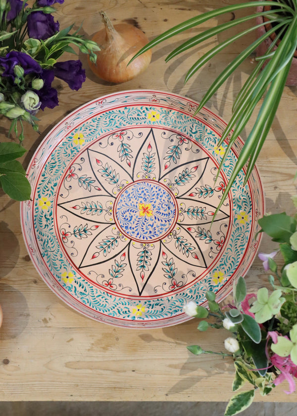 Hand Painted Round Thali Tray: Dusty Peach