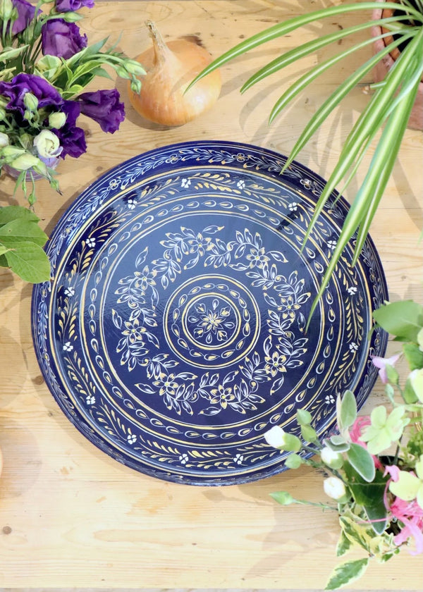 Hand Painted Round Thali Tray: Deep Navy
