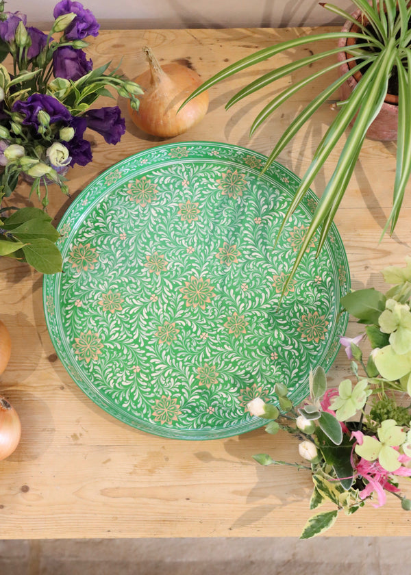 Hand Painted Round Thali Tray: Apple Green