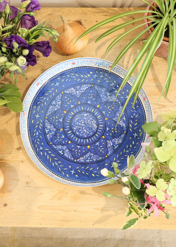 Hand Painted Round Thali Tray: Royal Blue