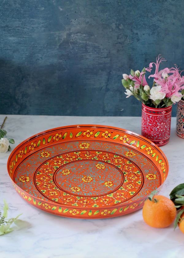 Hand Painted Round Thali Tray: Tangerine