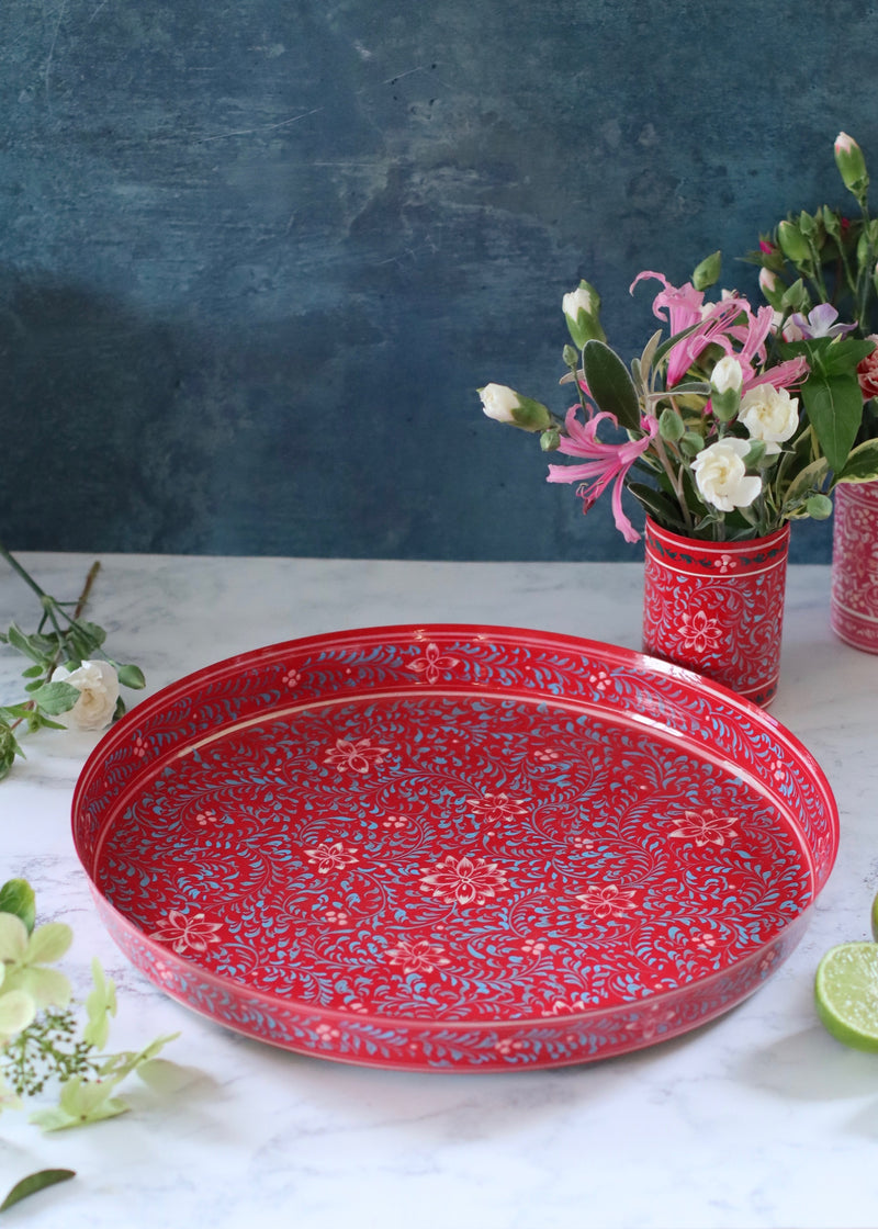 Hand Painted Round Thali Tray: Red