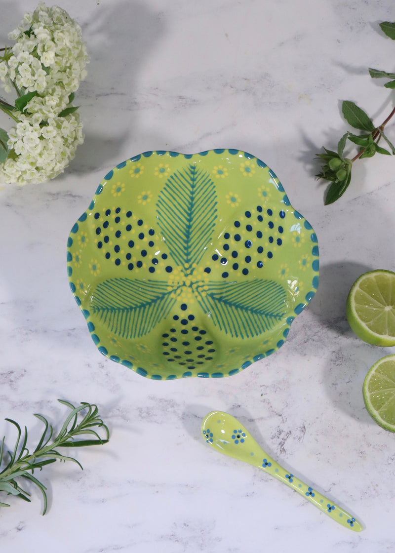 Pudding Bowl -  Lime with blue feather
