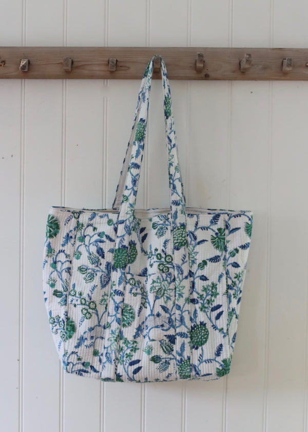 Block Print Everyday Bag - White Flowers