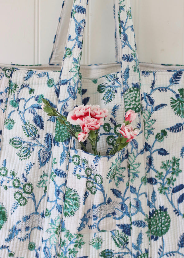 Block Print Everyday Bag - White Flowers