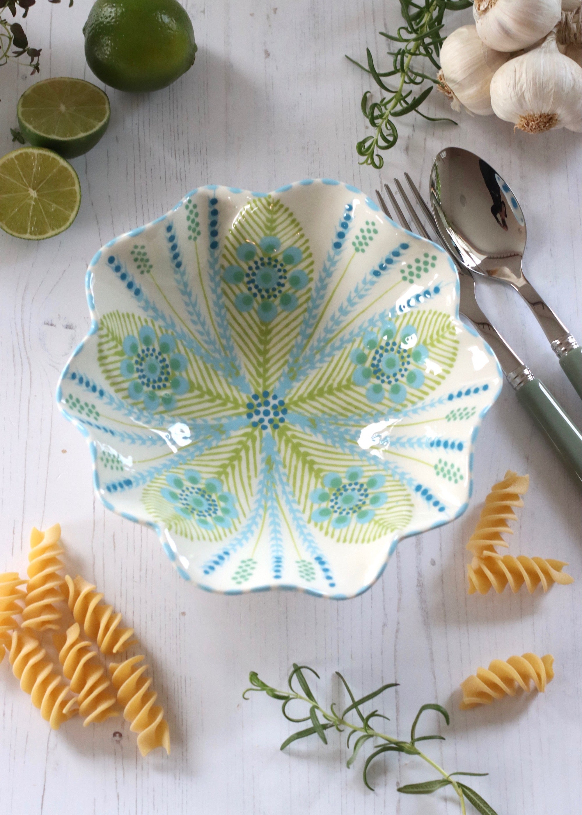 Pasta Bowl - White and Pale Blue Fronds