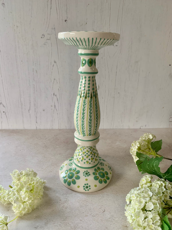 Large Ceramic Candlestick- White & Green- SECOND