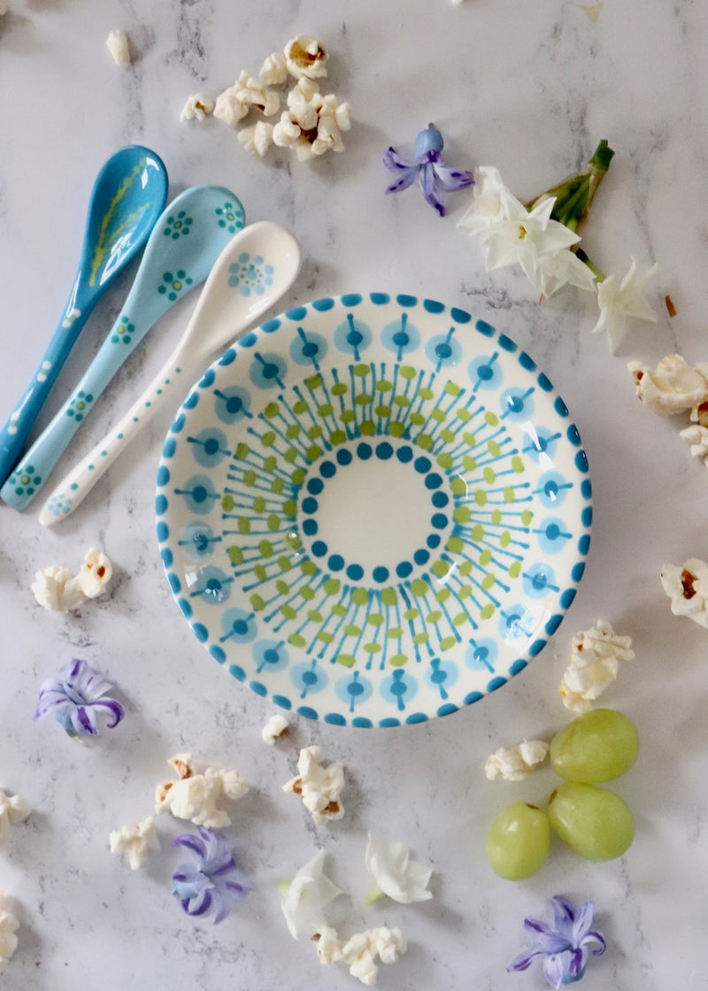 NEW IN: Nut Bowl - White with Pale Blue & Lime Circles