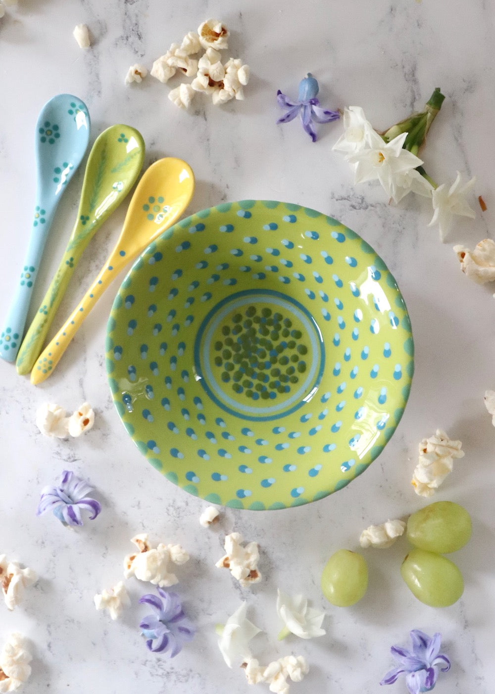 NEW IN: Nut Bowl -  Lime with Mid Blue & Pale Blue Dots