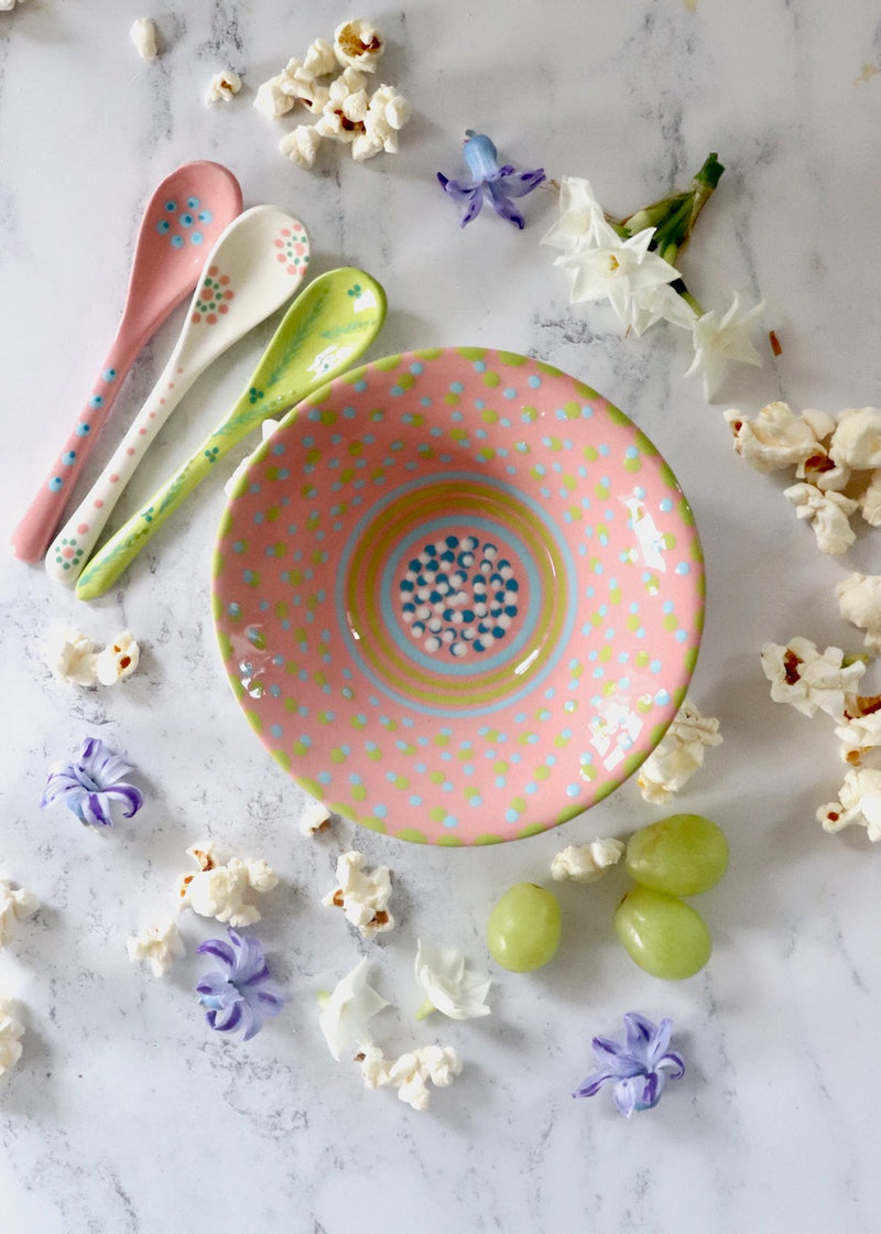 NEW IN: Nut Bowl - Pink with Lime & Pale Blue Dots