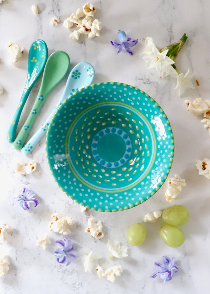 NEW IN: Nut Bowl - Teal with Pale Blue & Yellow Dots