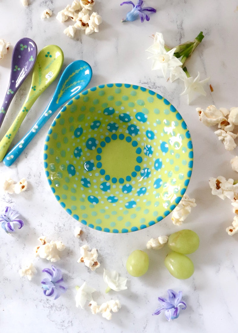 NEW IN: Nut Bowl - Lime with Big Mid Blue Circles