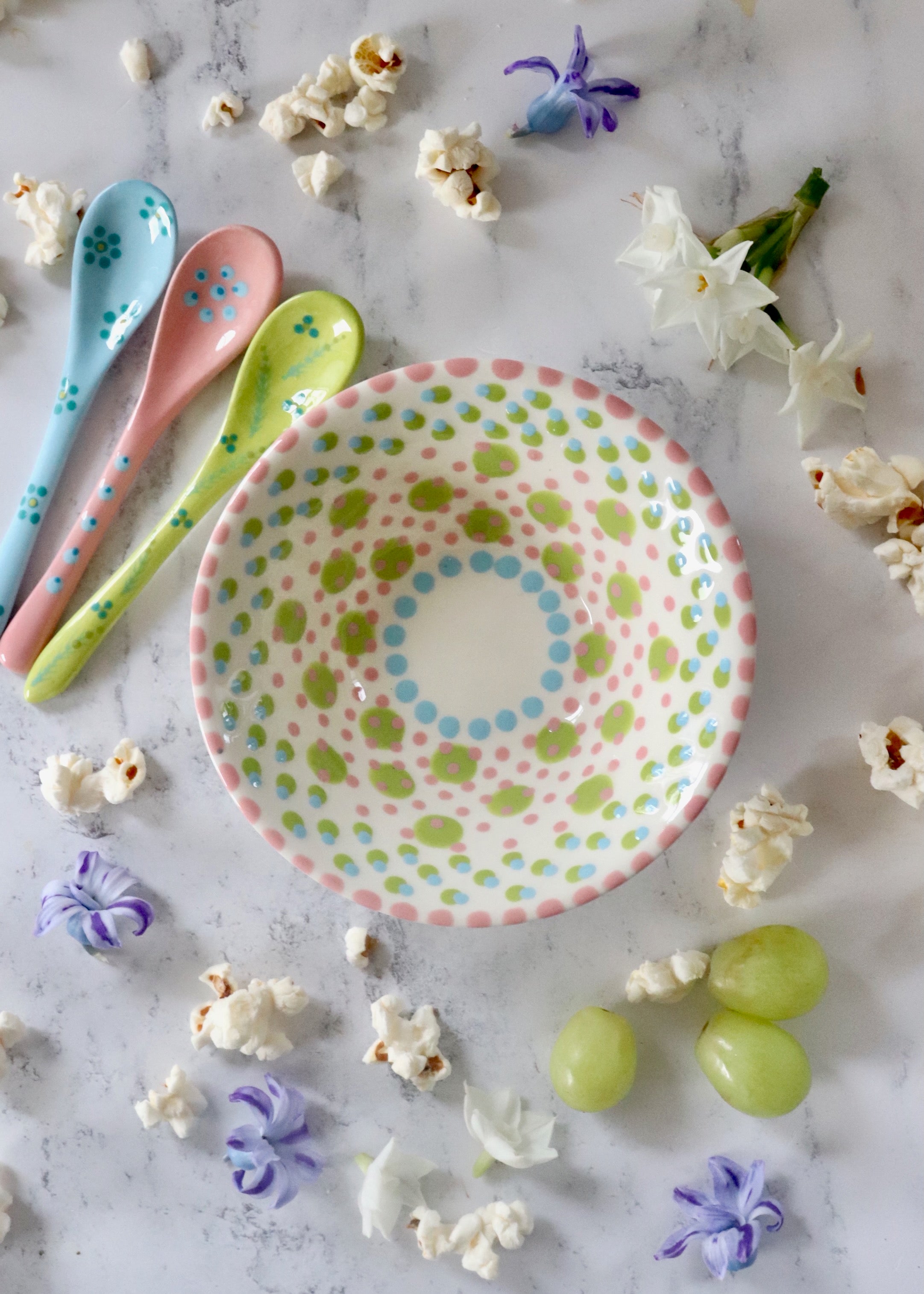 New In: Nut Bowl - White with Lime Circles & Pink Dots