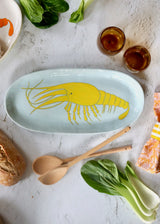 NEW- Large Serving Platter - Yellow Shrimp on Pale Blue Background