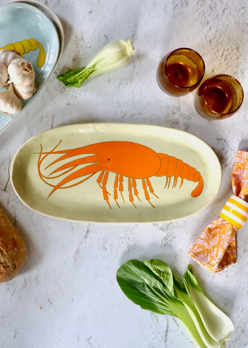NEW- Large Serving Platter - Orange Shrimp on Pale Green Background