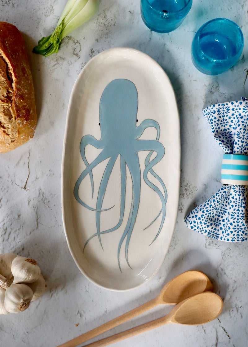 Large Serving Platter - Pale Blue Octopus On White Background