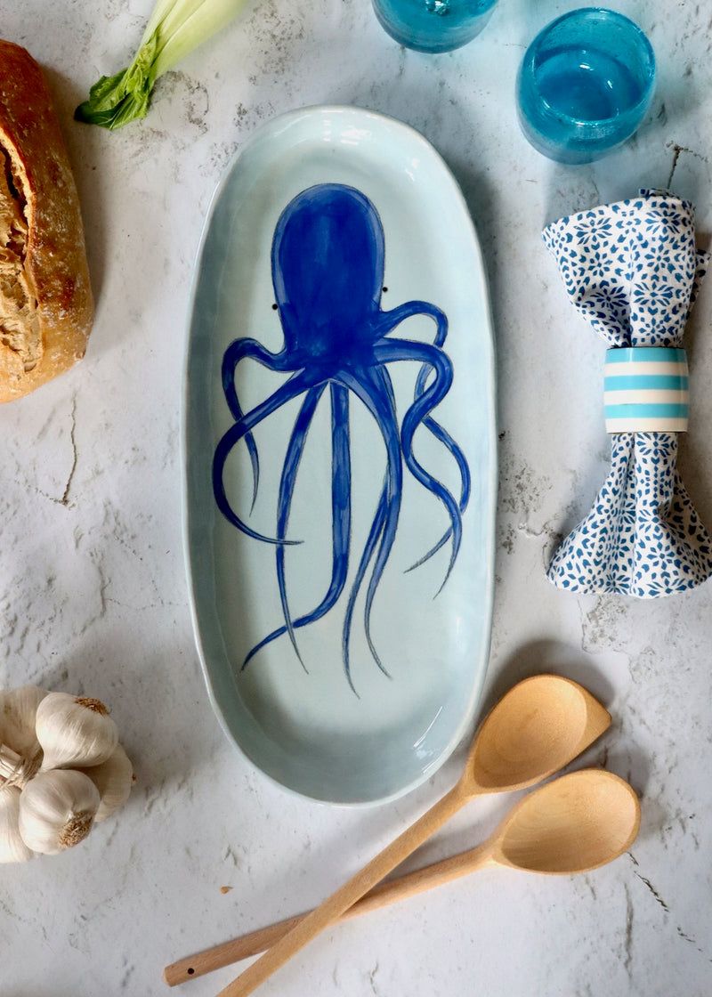 Large Serving Platter - Sea Blue Octopus on Pale Blue Background