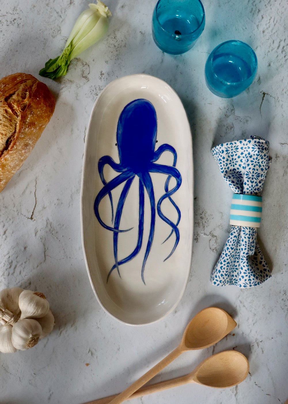 Large Serving Platter - Sea Blue Octopus on White Background