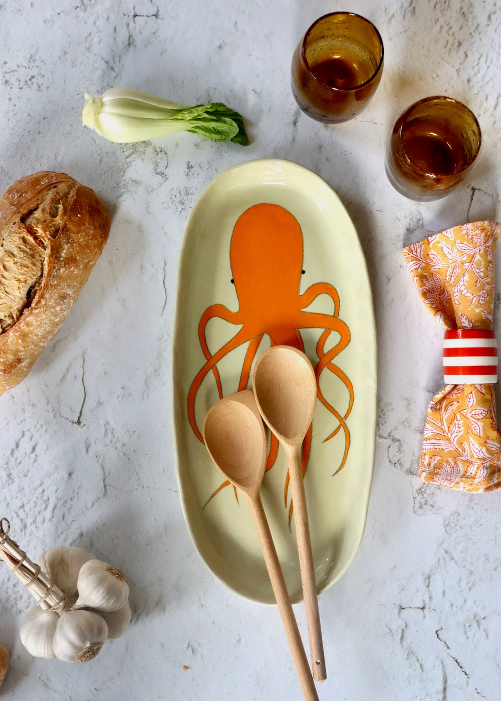 Large Serving Platter - Orange Octopus on Pale Green Background