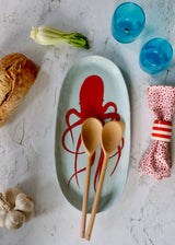 NEW- Large Serving Platter - Red Octopus Pale Blue Background