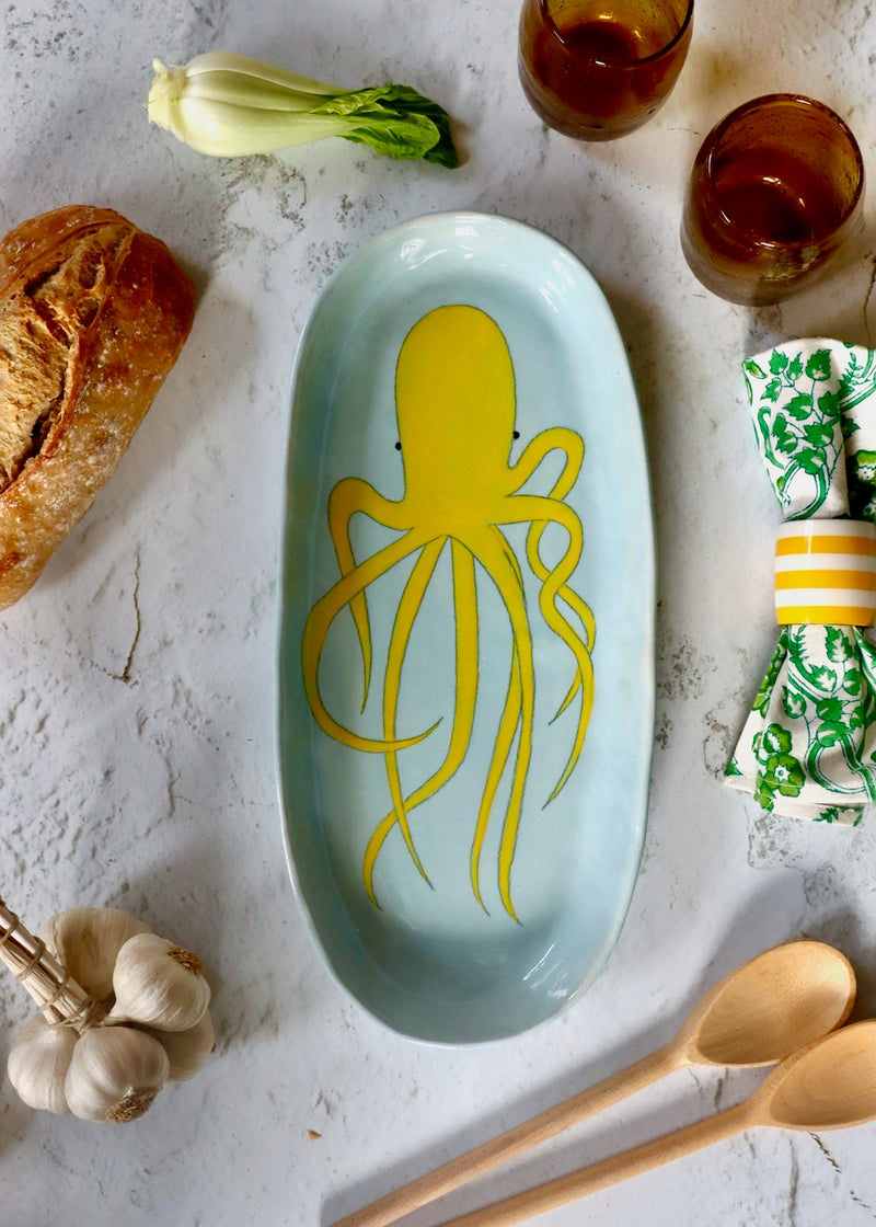 NEW- Large Serving Platter - Yellow Octopus Pale Blue Background