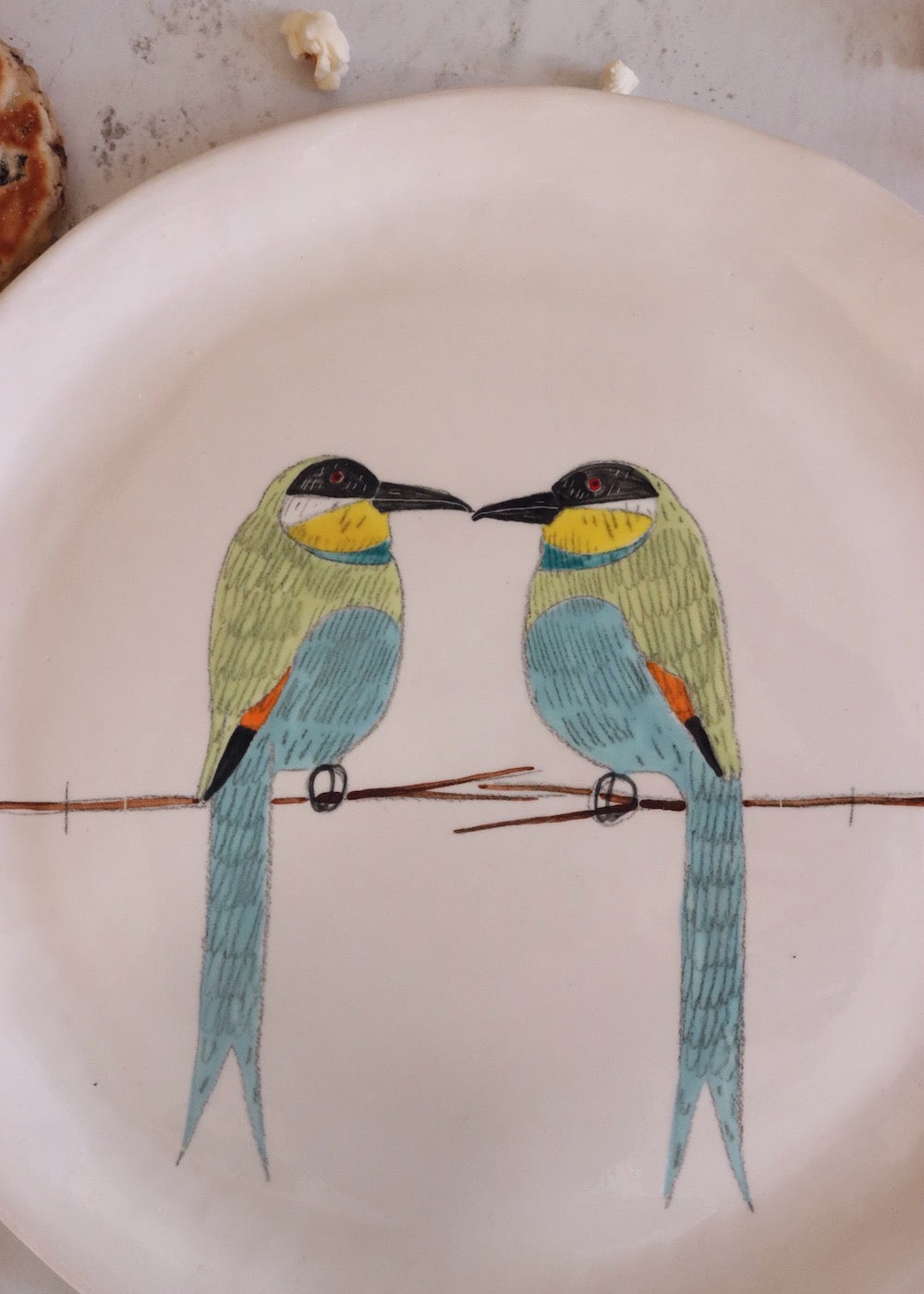 NEW: Large Round Serving Platter - 2 Birds Blue Breast & Tail