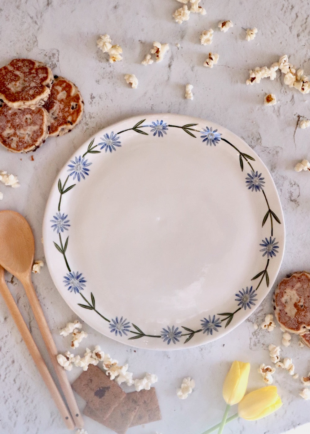 NEW: Large Round Serving Platter - White with Blue Daisy