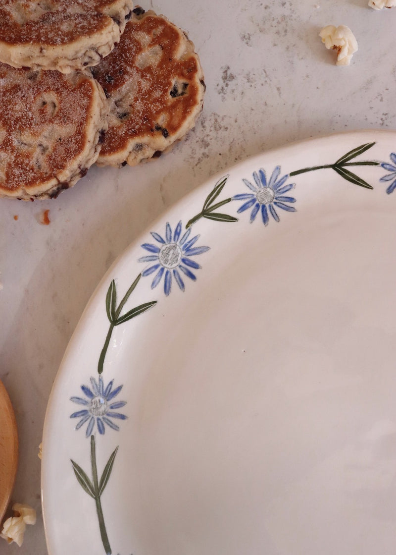 NEW: Large Round Serving Platter - White with Blue Daisy