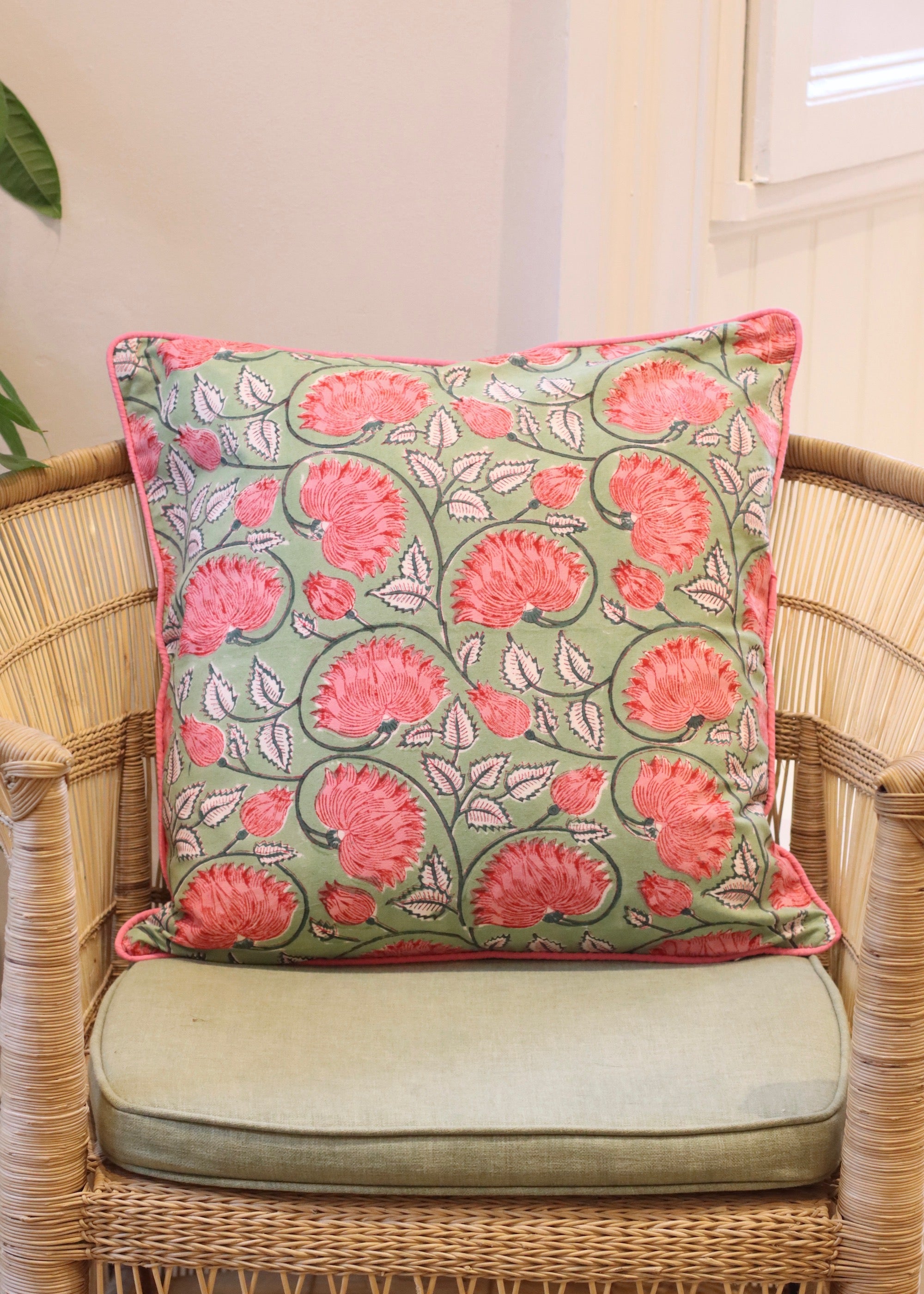 Block Print Cushion Cover - Pink and Green Floral