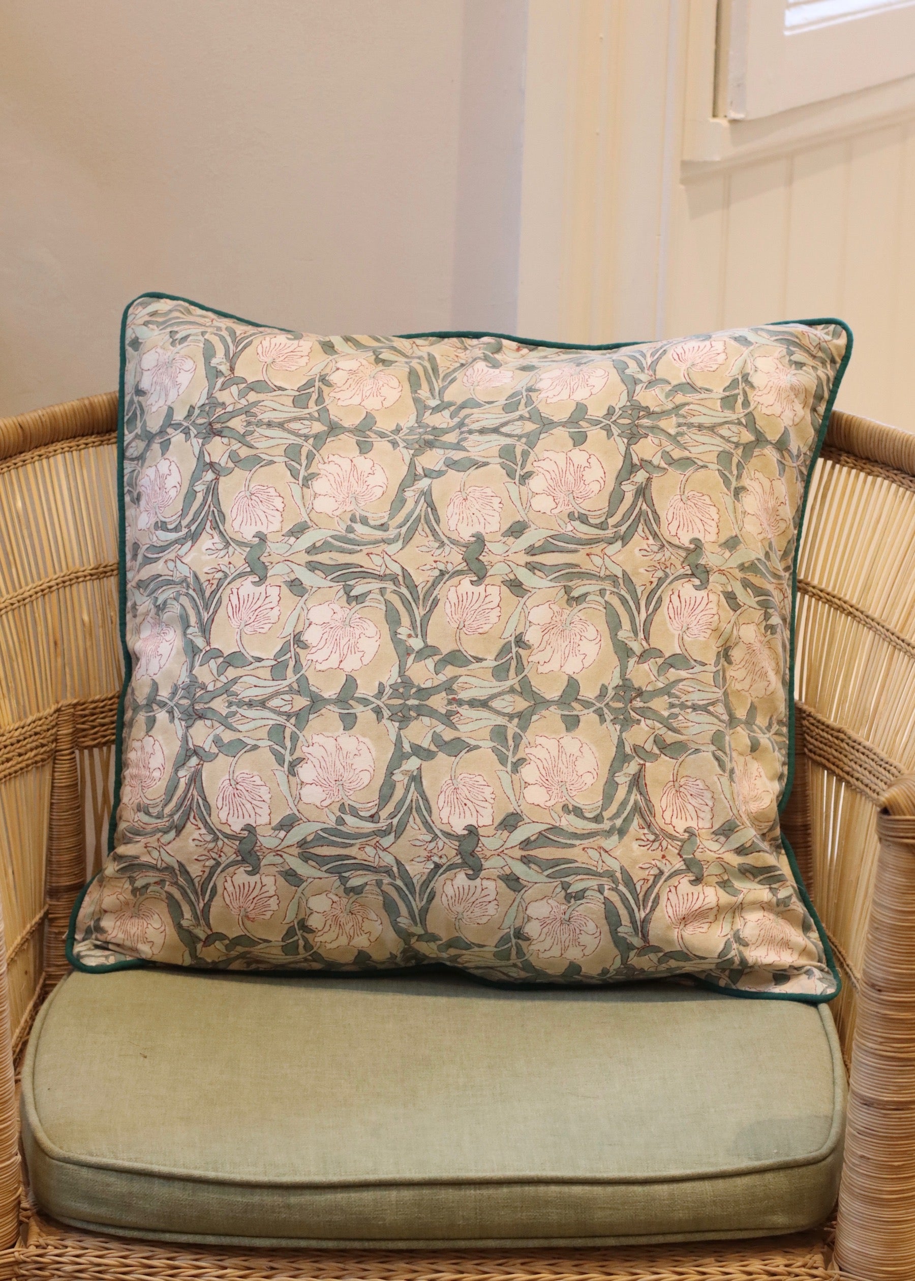 Block Print Cushion Cover - Green and Beige Flower