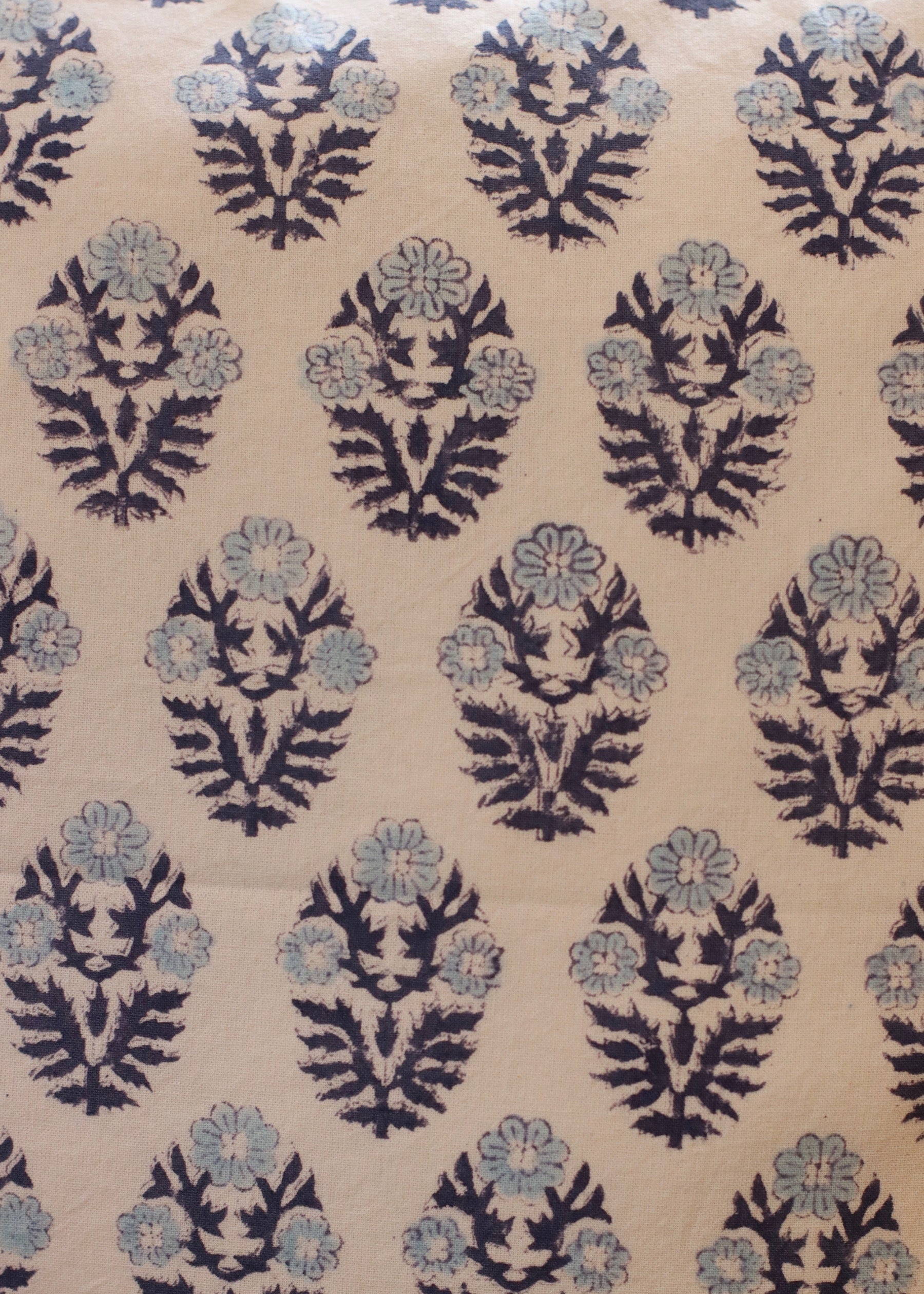 Block Print Cushion Cover - White and Blue Cotton Flower