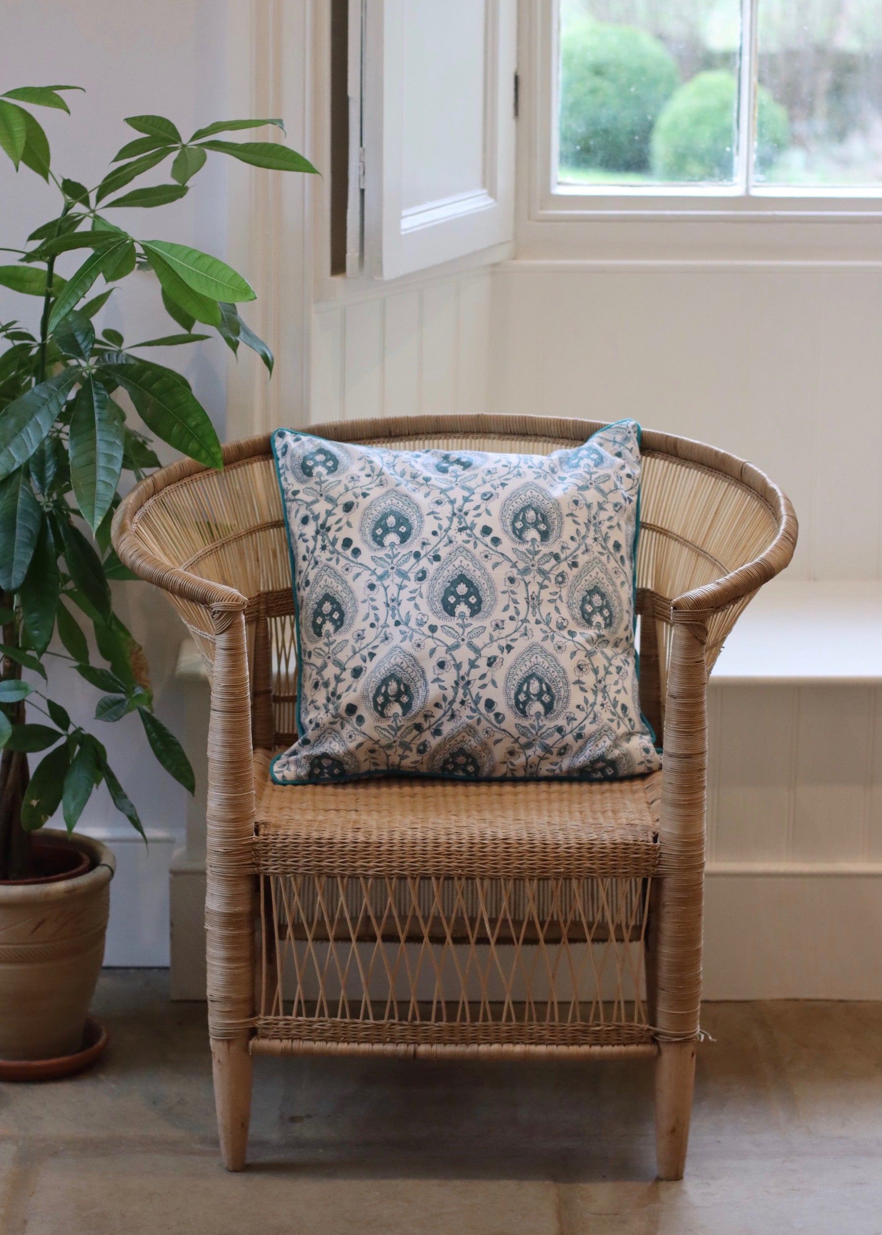 Block Print Cushion Cover - White and Teal
