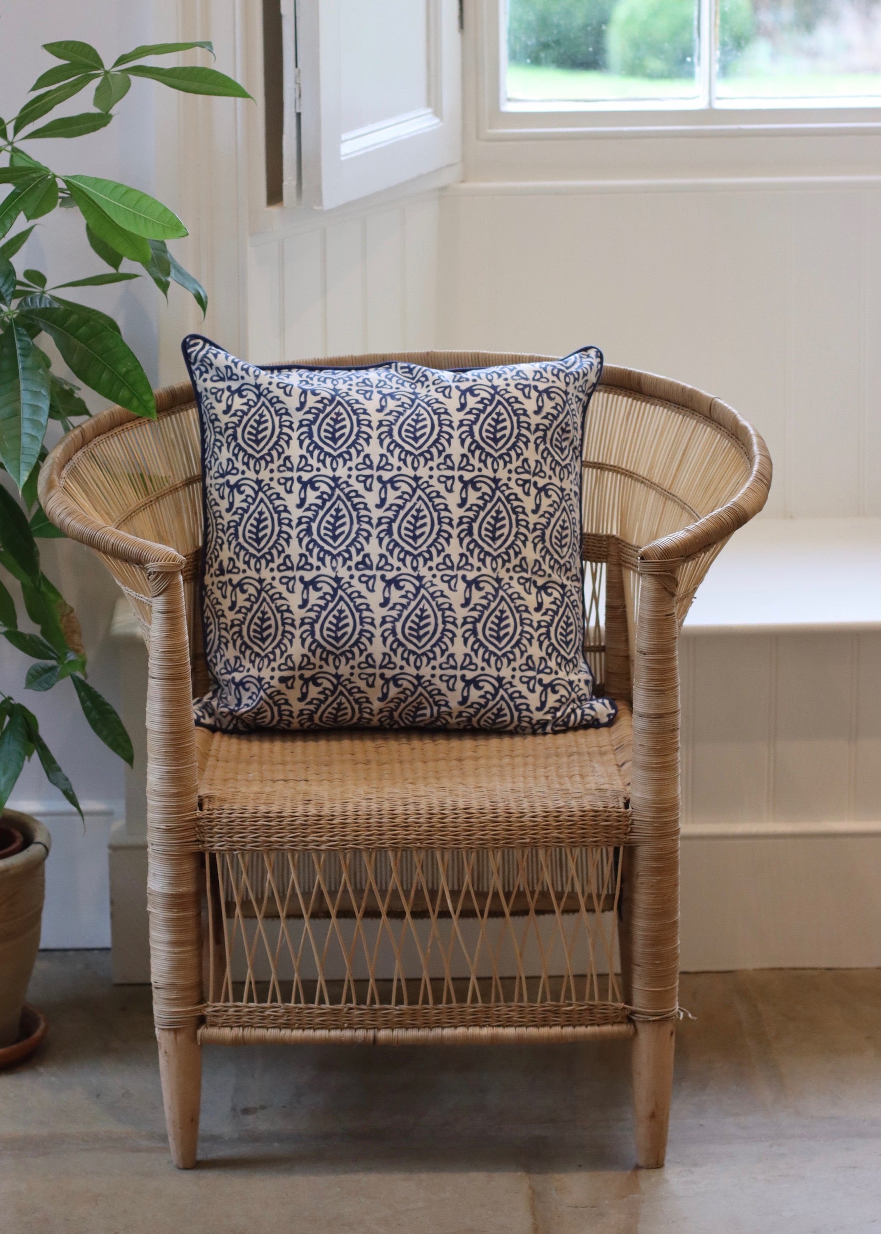 Block Print Cushion Cover - White and Navy Leaf