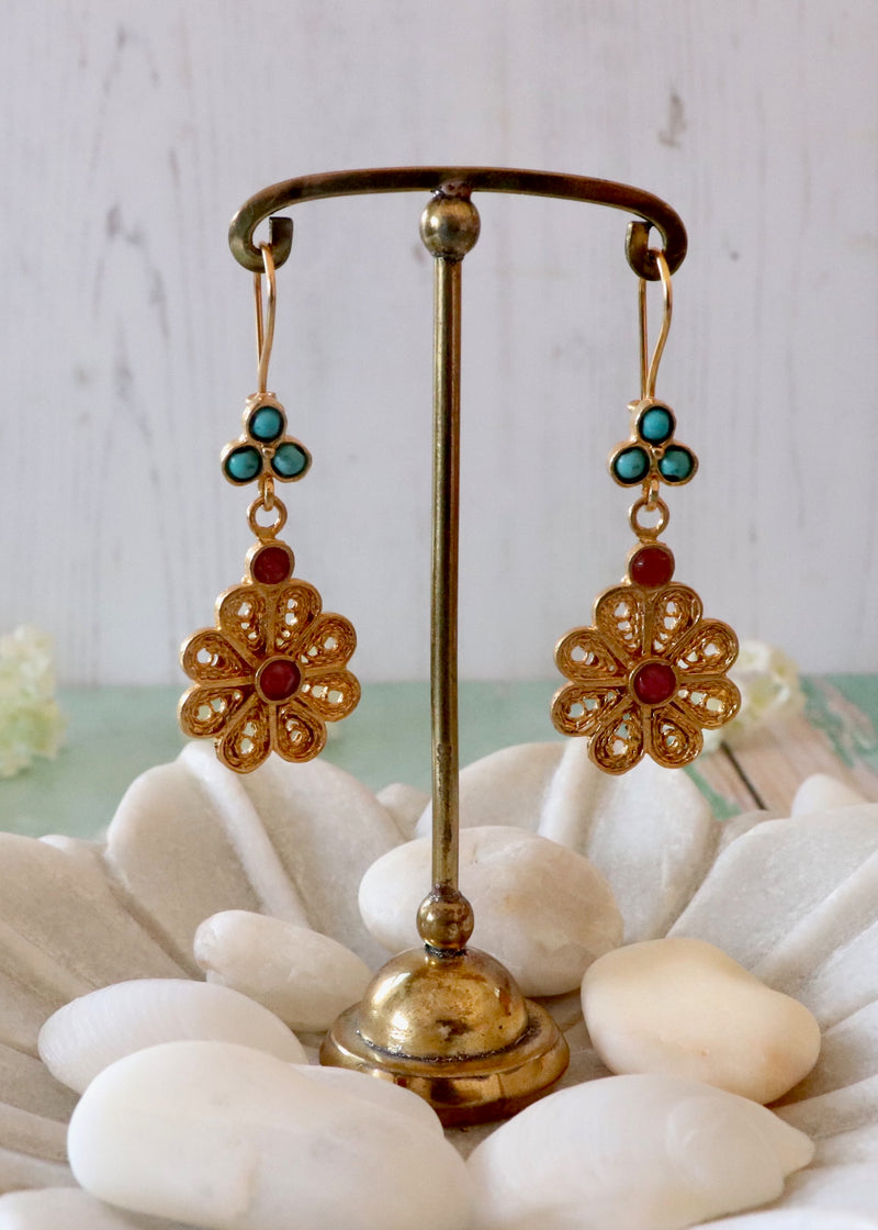 Pink Flower Earrings With Turquoise Beads