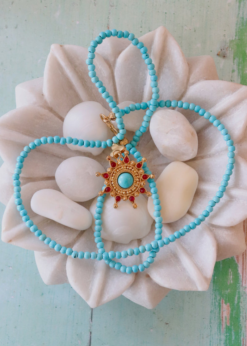 Turquoise and Coral Starburst Necklace