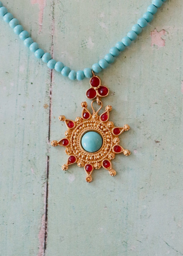 Turquoise and Coral Starburst Necklace