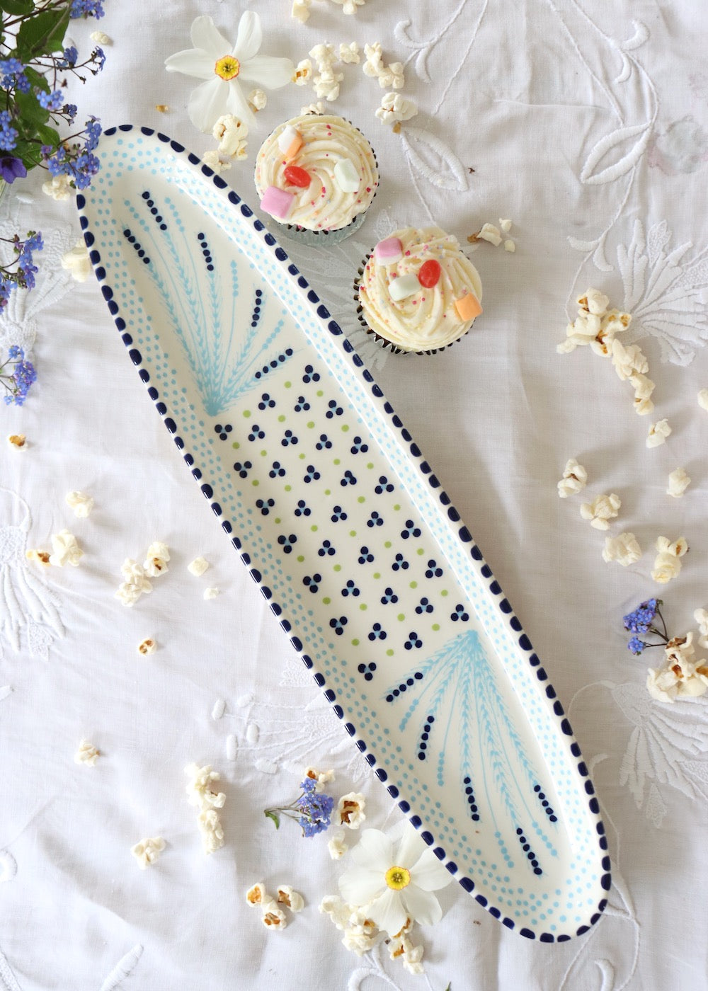 Long Platter - White with Pale Blue Fronds & Dots