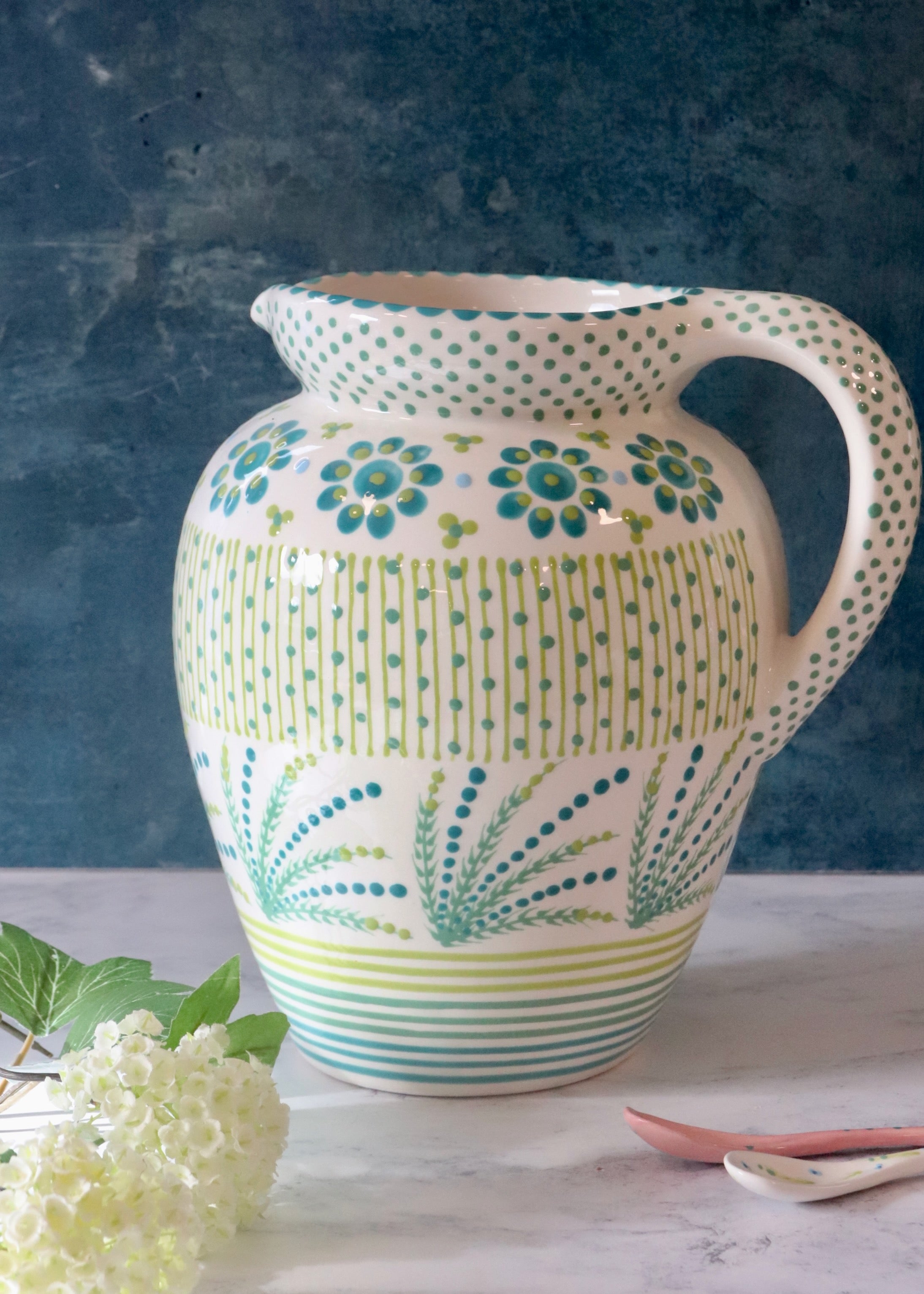 Water Jug - White with Teal Daisies