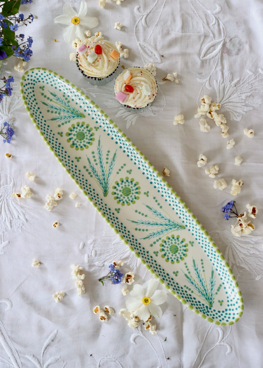 Long Platter - White with Teal Flowers