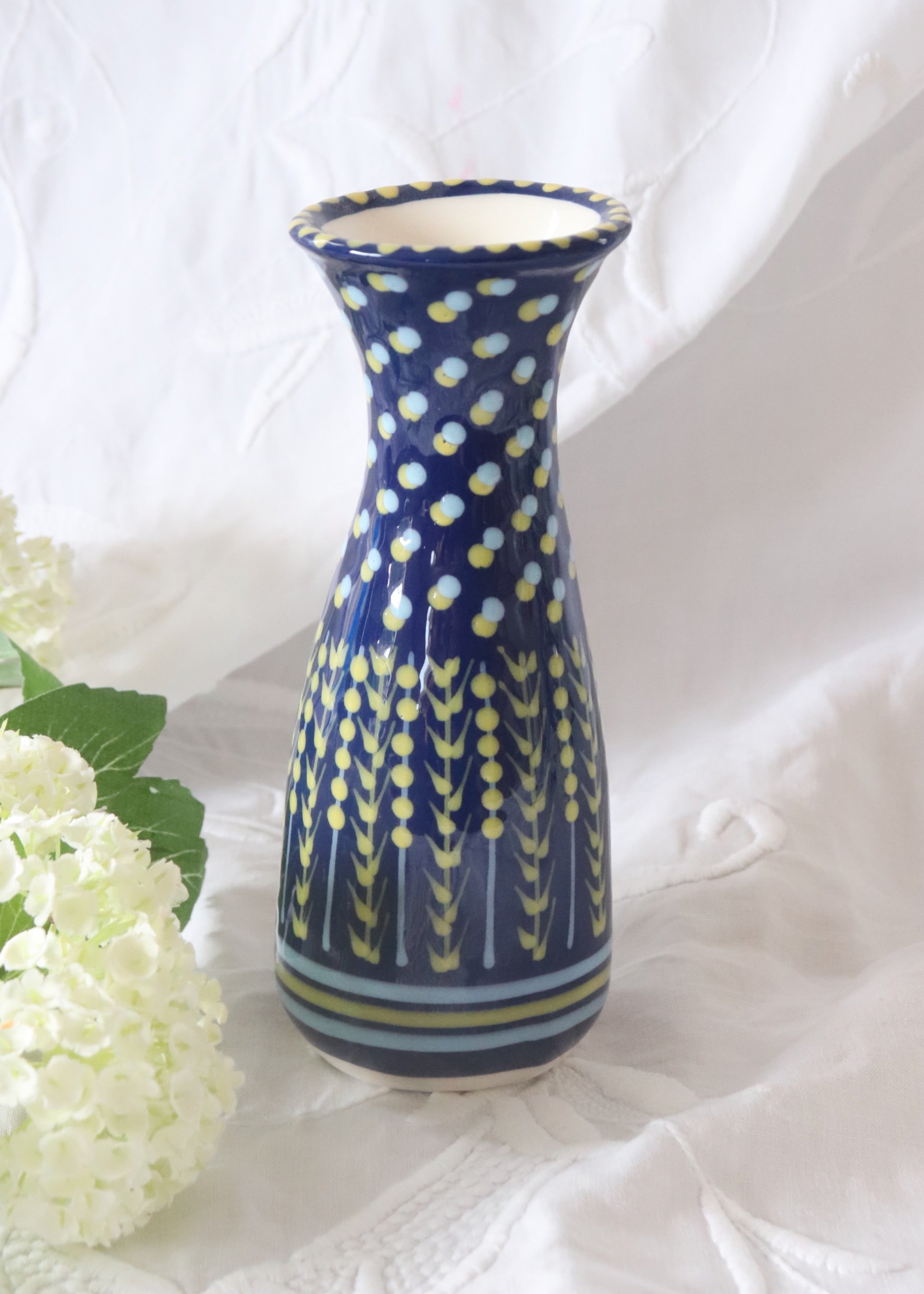 Bud Vase - Deep Blue with Yellow Fronds