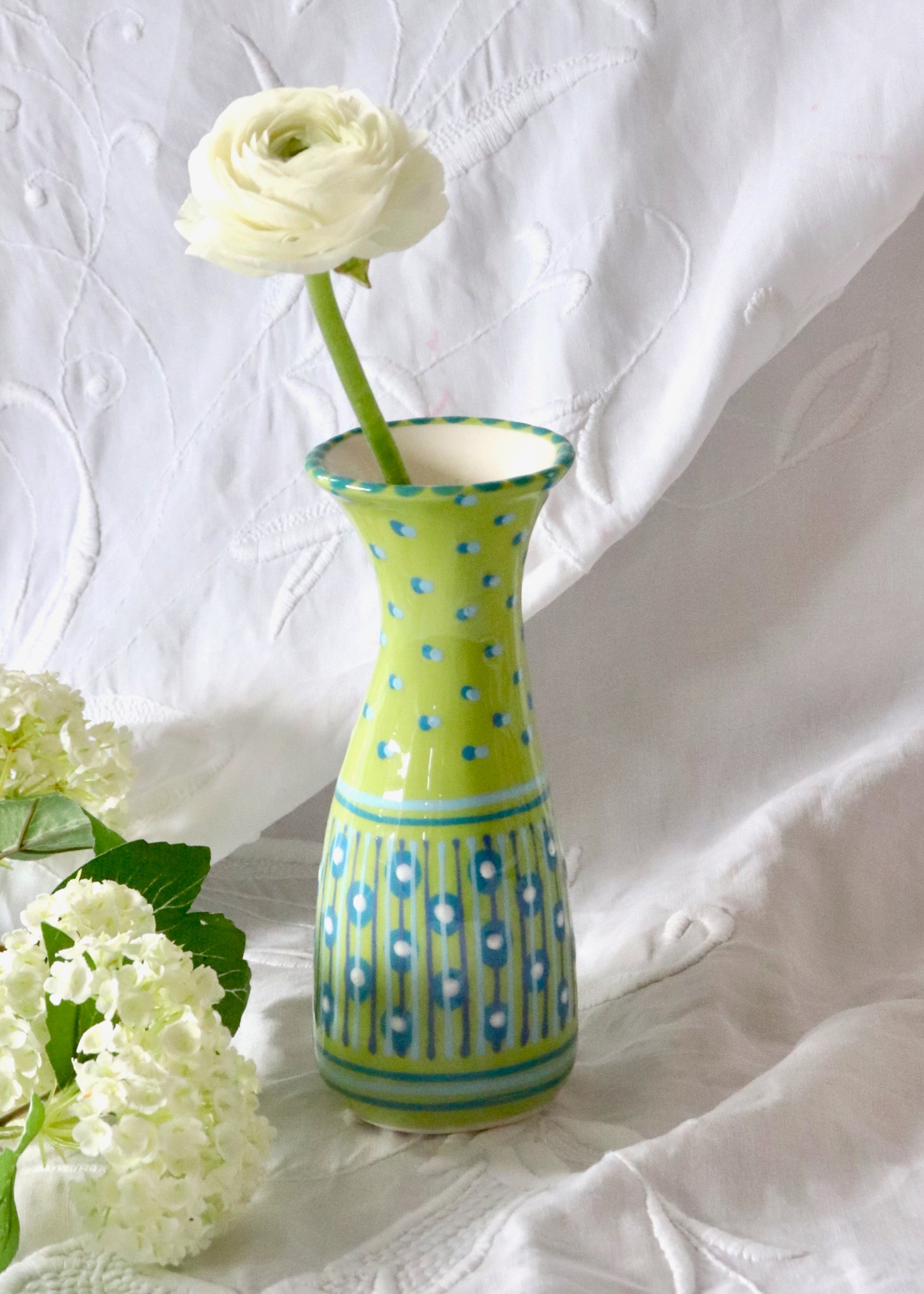Bud Vase - Lime with Pale Blue & White Circles