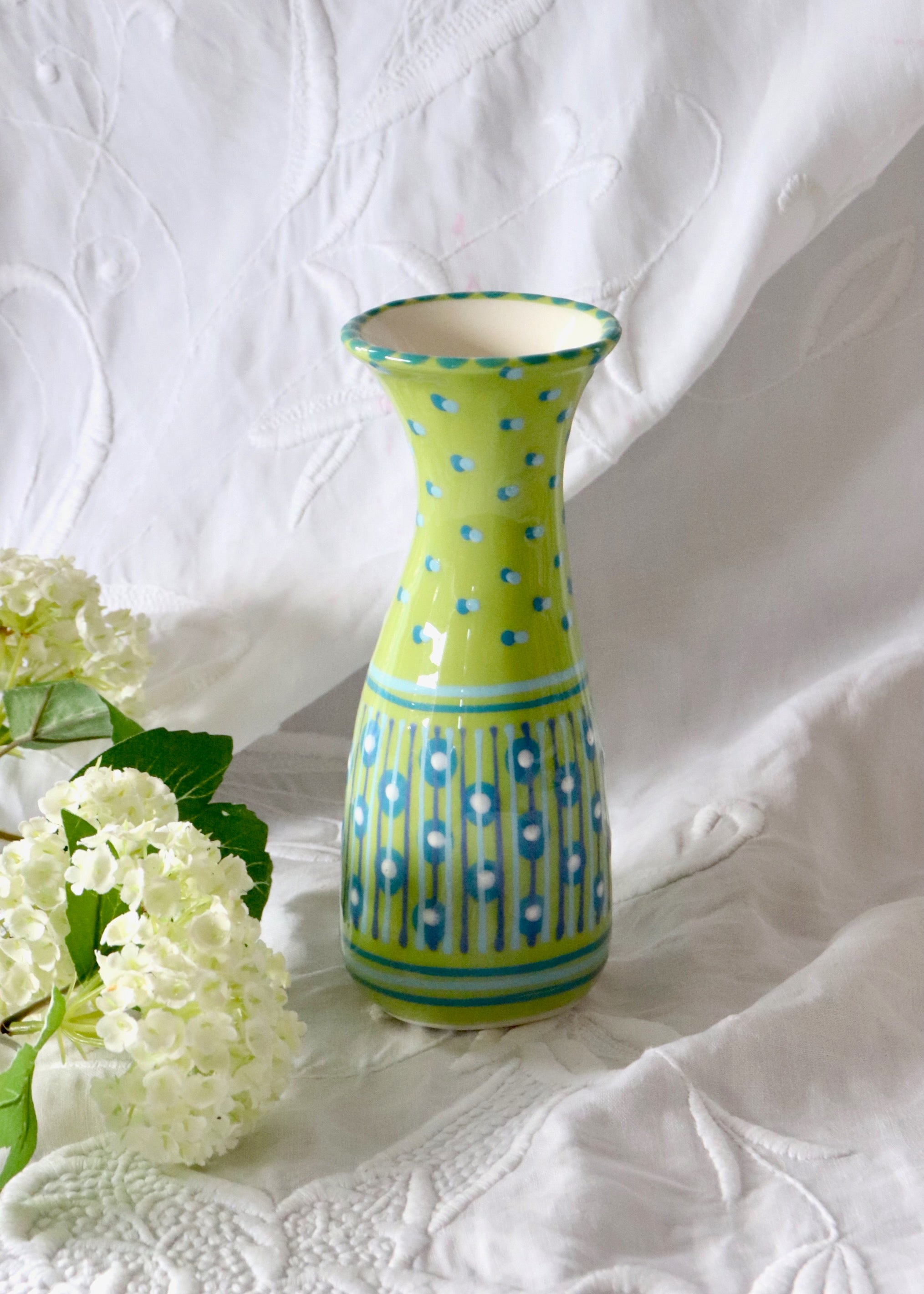 Bud Vase - Lime with Pale Blue & White Circles