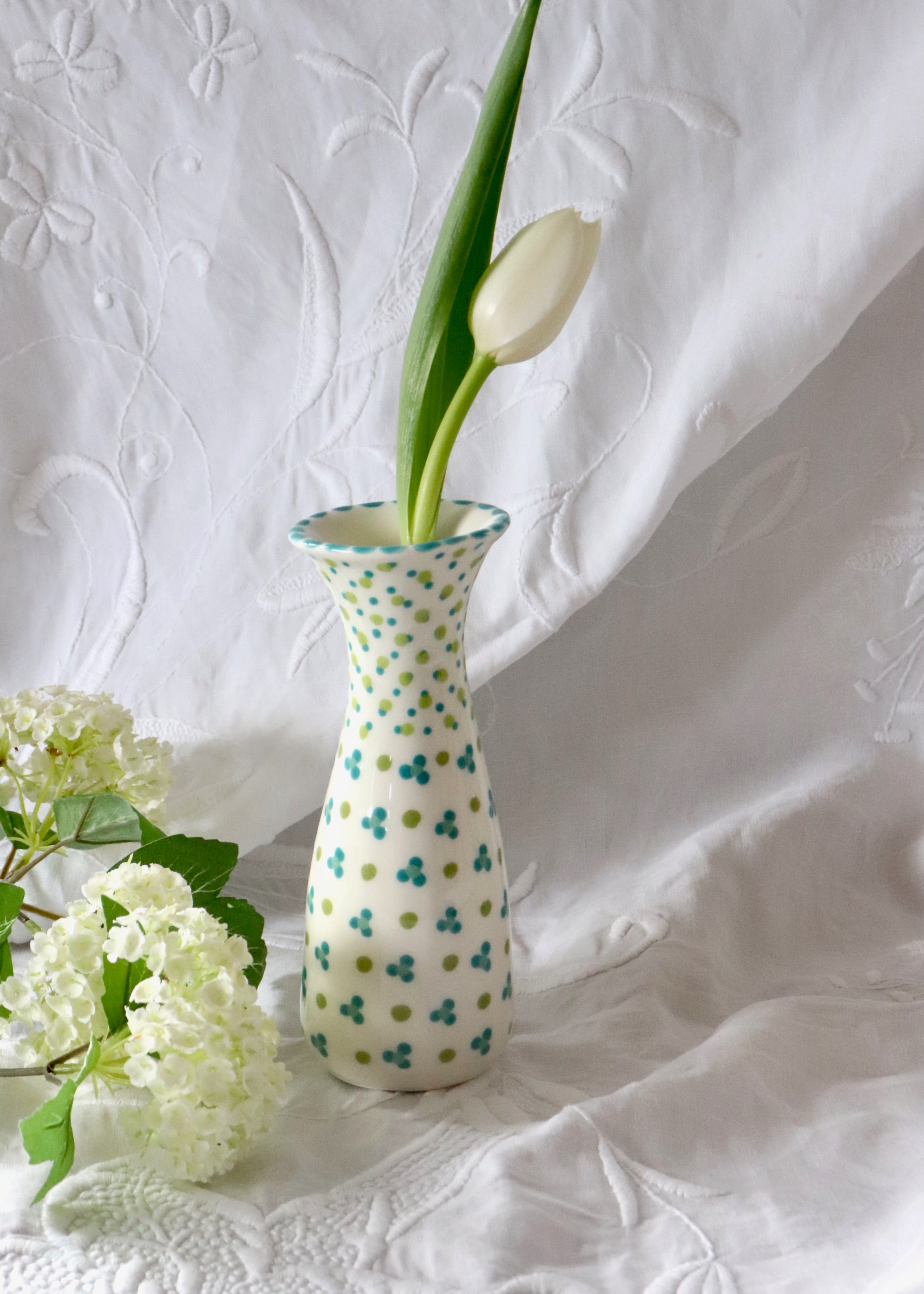 Bud Vase - White with Small Teal Flowers